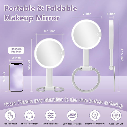 Magnifying Mirror with Light, Rechargeable Lighted Makeup Mirror with Magnification 1X/10X Double Sided, Travel Makeup Mirror with 3 Color Dimmable Lights, Portable Hand Held Mirror Hanging Tabletop