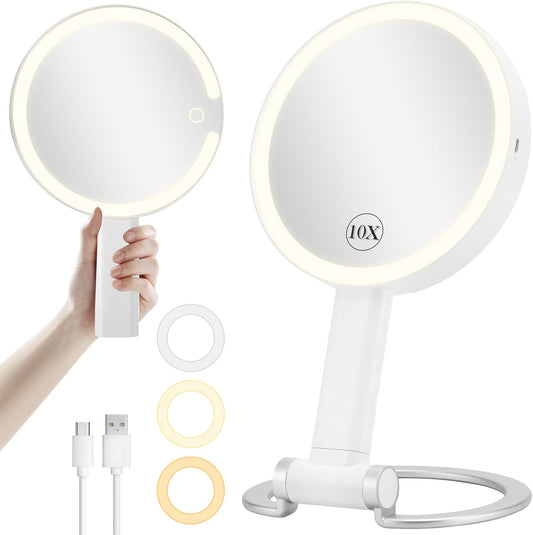 Magnifying Mirror with Light, Rechargeable Lighted Makeup Mirror with Magnification 1X/10X Double Sided, Travel Makeup Mirror with 3 Color Dimmable Lights, Portable Hand Held Mirror Hanging Tabletop